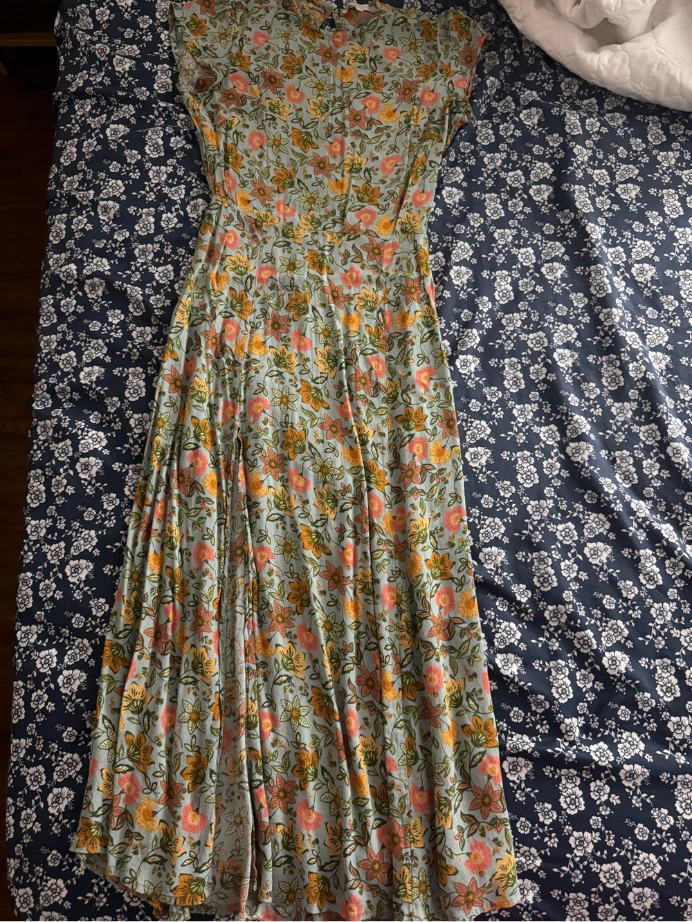 Floral Maxi Dress in Light Blue with Pink & Yellow Blooms